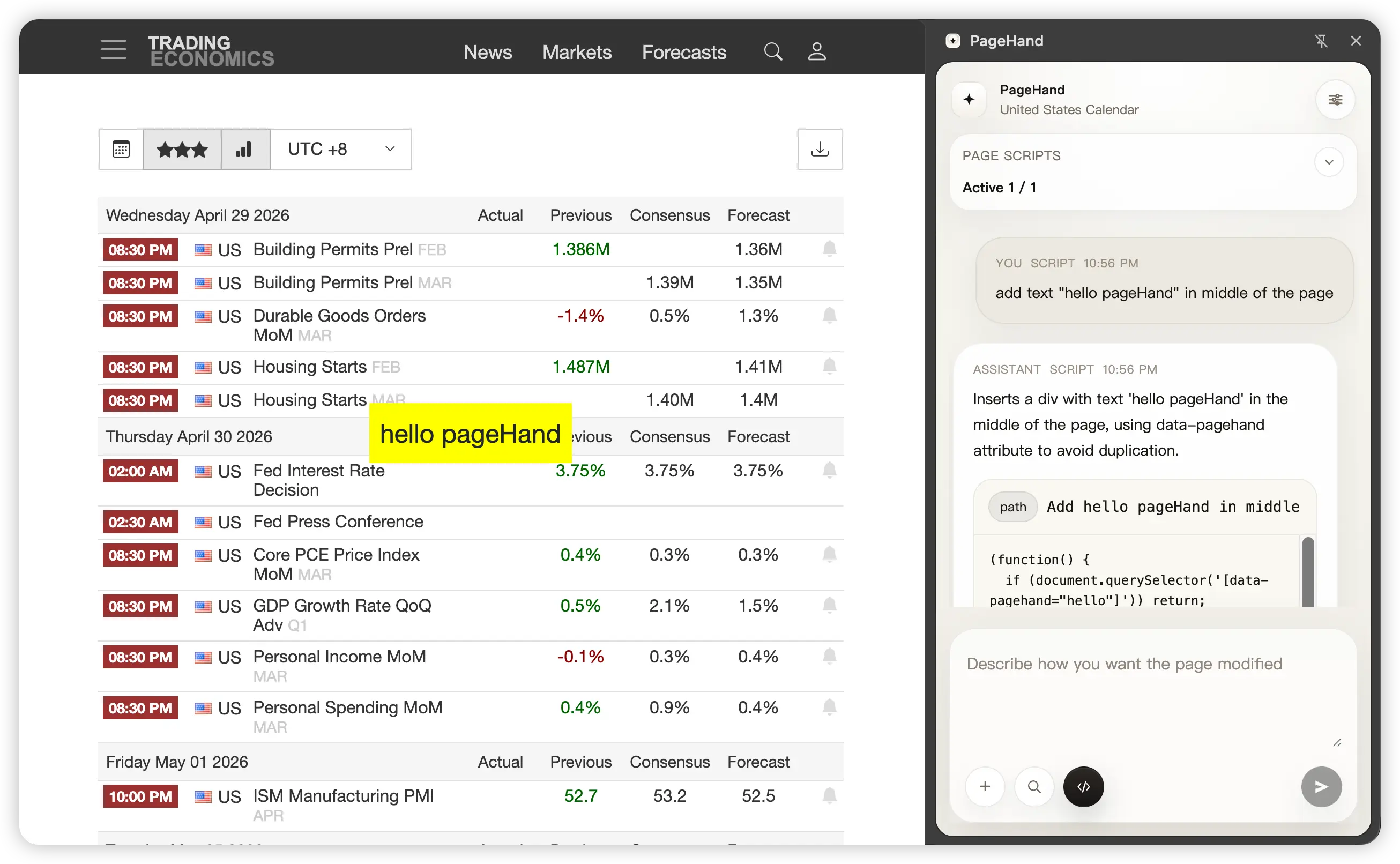 PageHand side panel showing chat interface and generated script