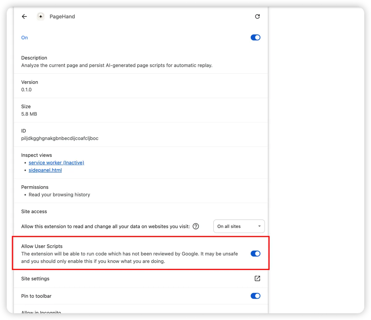 Chrome extension details with Allow User Scripts toggle highlighted